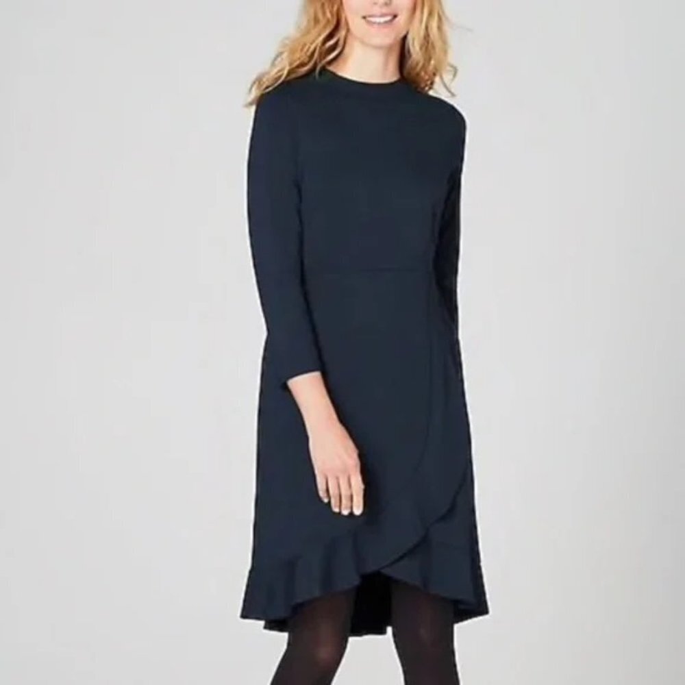 NEW J. Jill Ponte Navy Blue Ruffle Long Sleeve Midi Knit Dress P6547